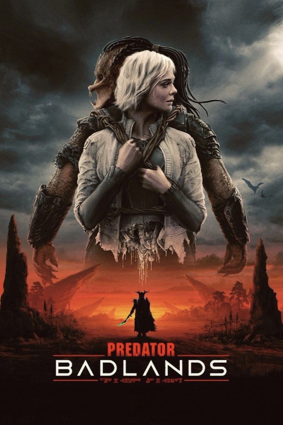 poster for the film Predator: Badlands, image of an planet with the predator alien having his back turned to the viewer with a white blonde woman that he seems to be carrying on his back in front