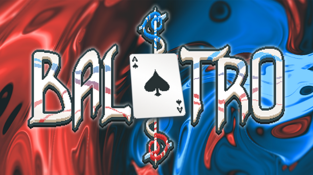 logo of the game balatro with red and blue background a symbol in between bal and atro along with a spade playing card