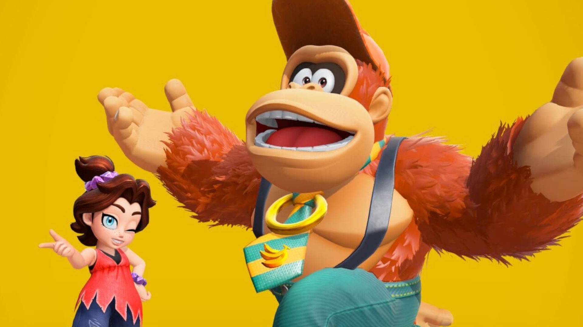 image of donkey kong, big ape in a tie and pauline a young girl with brown hair and freckles, the background is yellow